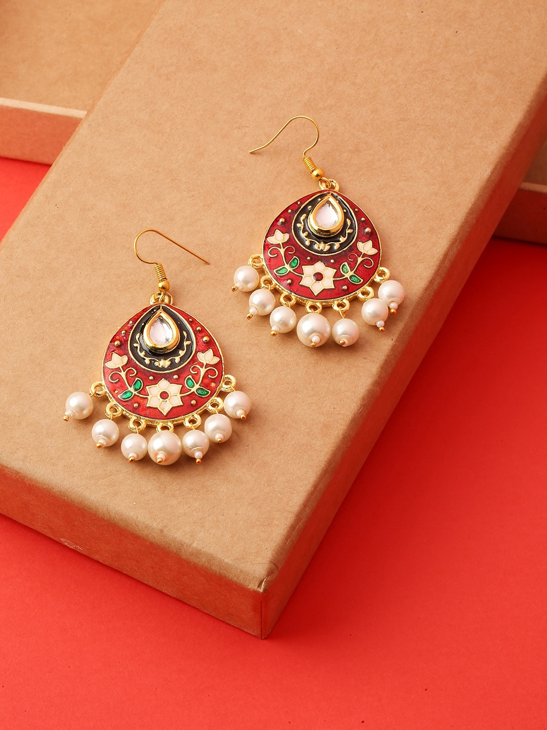 

OOMPH Red & Gold-Toned Teardrop Shaped Drop Earrings