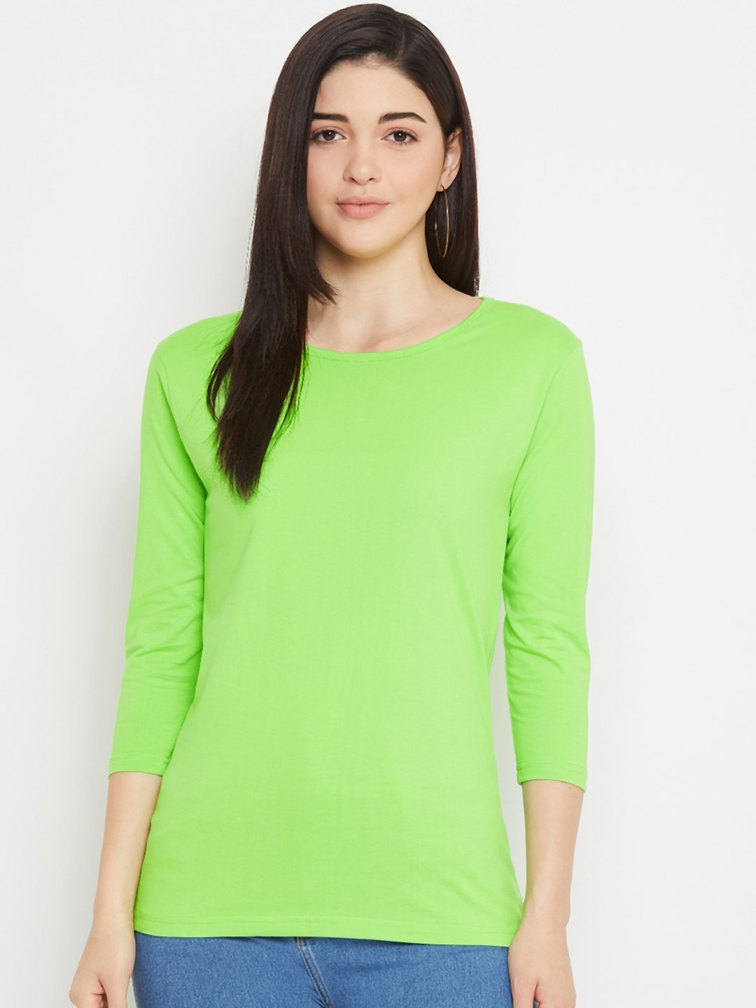

Rodzen Women Fluorescent Green Solid Round Neck T-shirt
