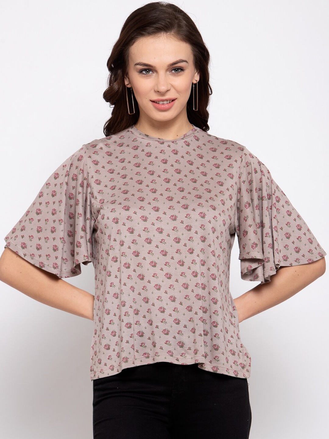 

Style Quotient Women Taupe & Pink Floral Printed Flared Sleeves A-Line Top