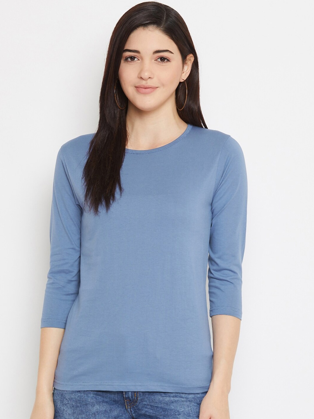 Rodzen Women Blue Solid Round Neck T-shirt