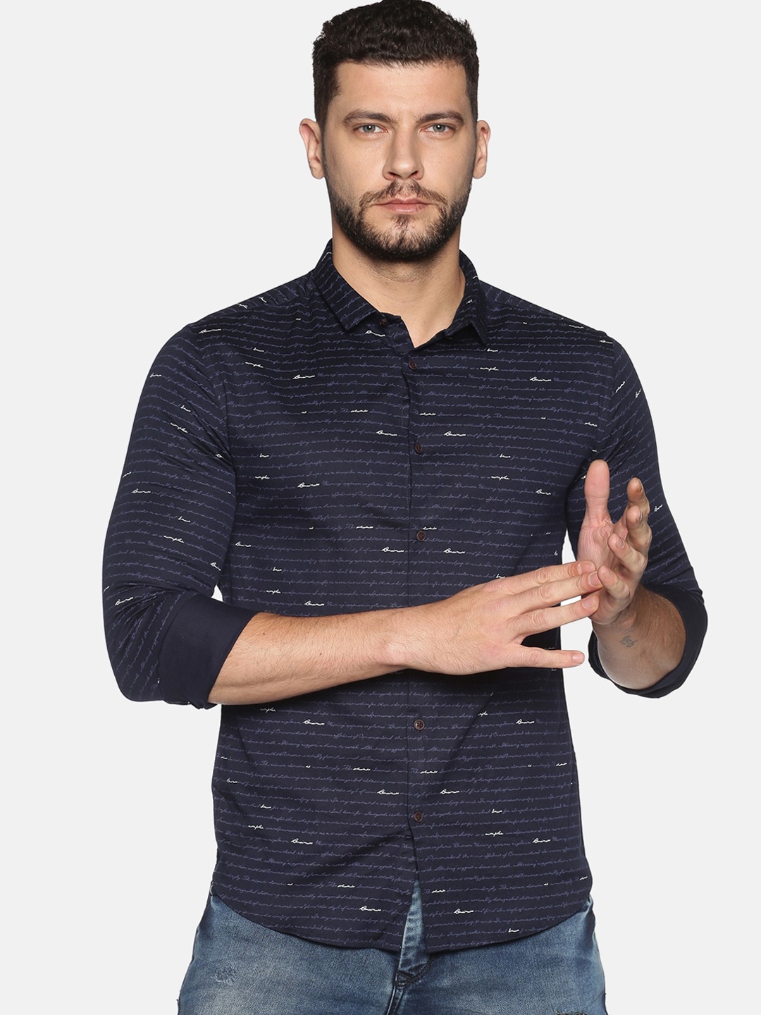 

SHOWOFF Men Navy Blue Slim Fit Printed Casual Shirt