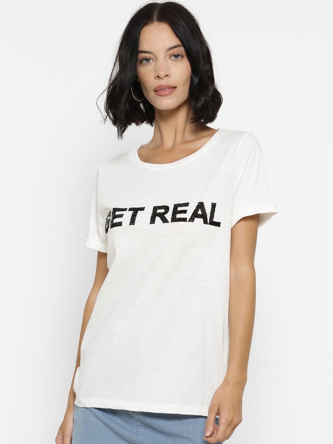 

Forever 21 White & Black Embellished Pure Cotton Regular Top