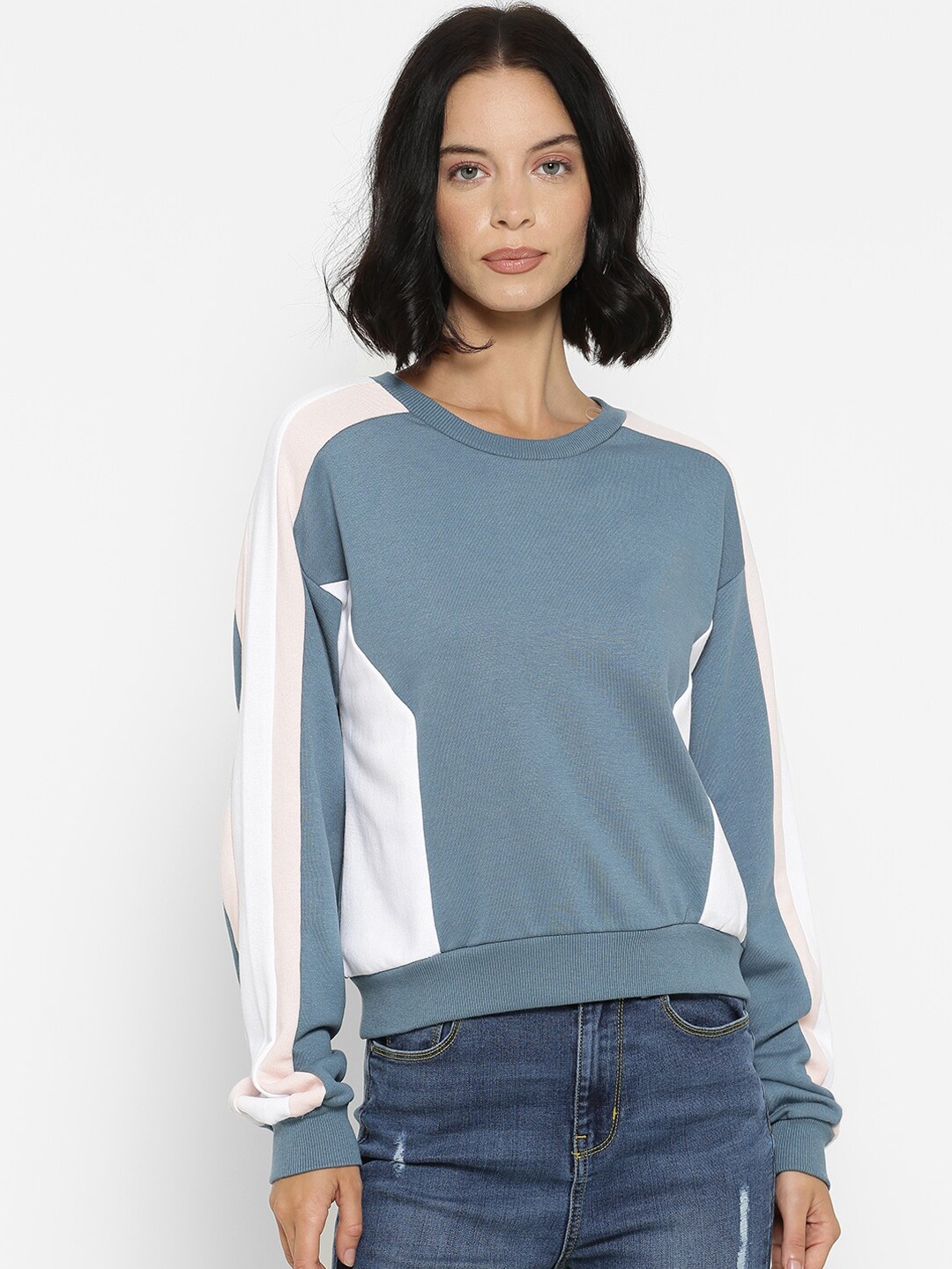 

FOREVER 21 Women Mint Green & White Colourblocked Sweatshirt