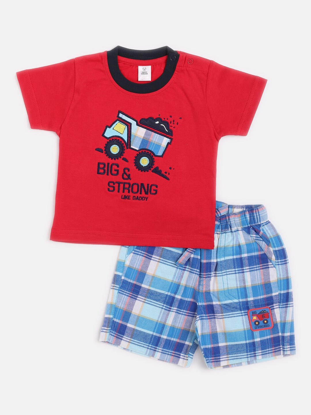 

TOFFY HOUSE Boys Red & Blue Printed Cotton T-shirt with Shorts