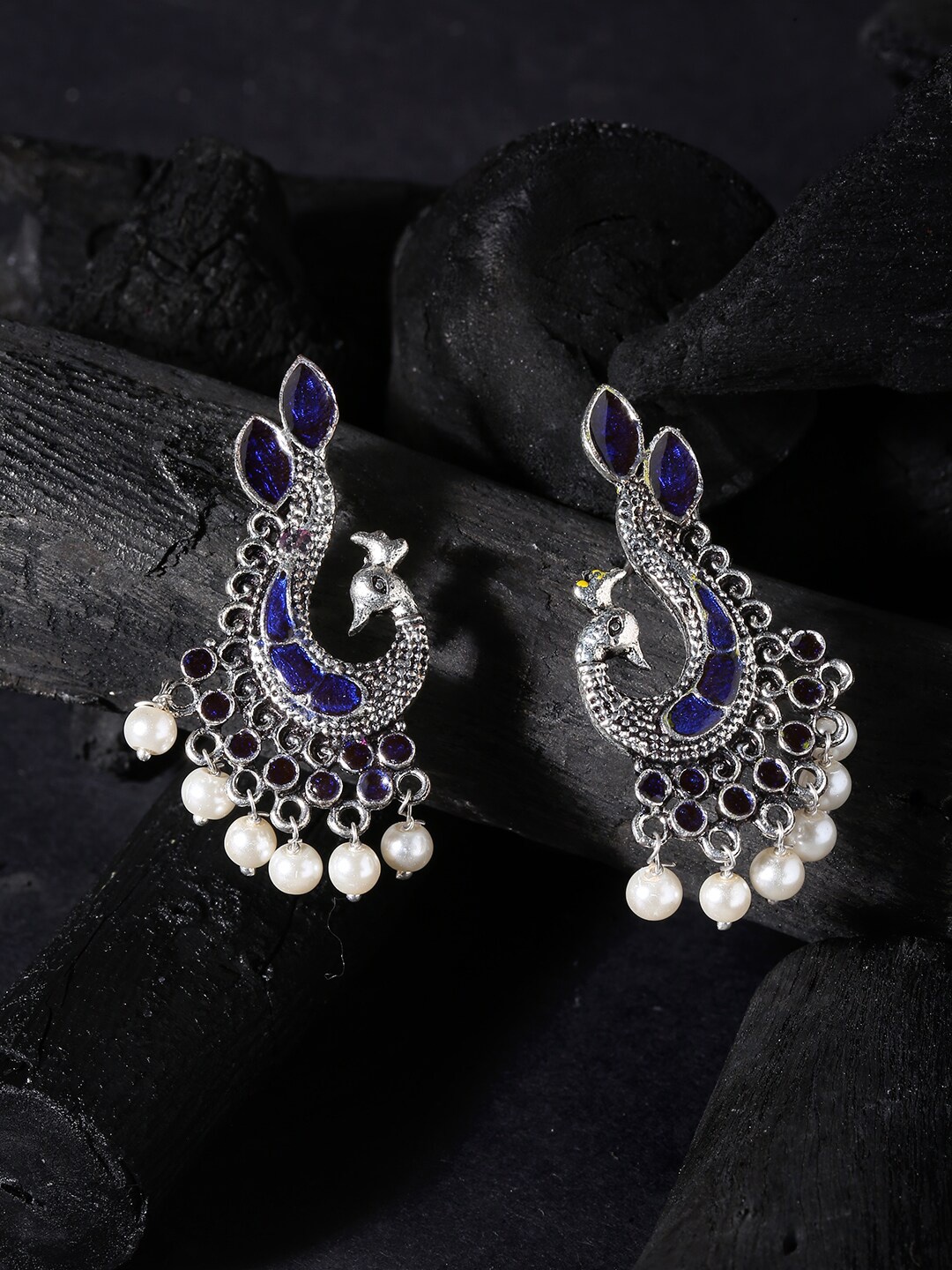 

OOMPH Blue Oxidised German Silver Meenakari Peacock-Shaped Drop Earrings