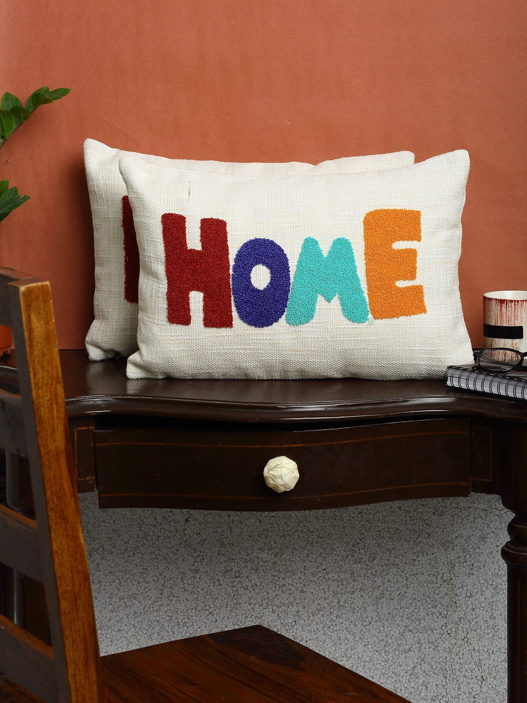 

HOSTA HOMES White & Maroon Set of 2 Embroidered Rectangle Cushion Covers