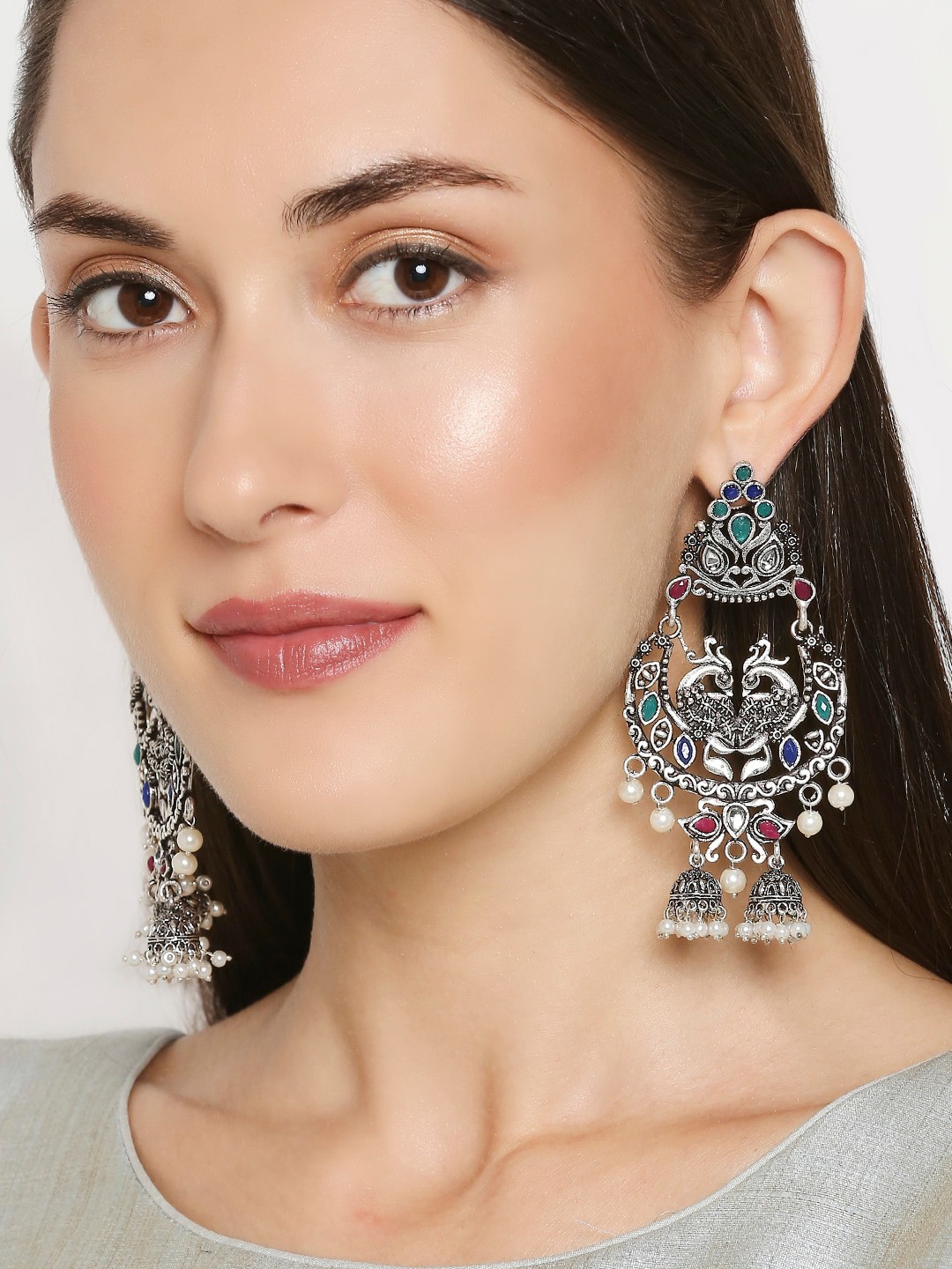 

OOMPH Silver-Toned German Silver Oxidised Peacock Shaped Jhumkas