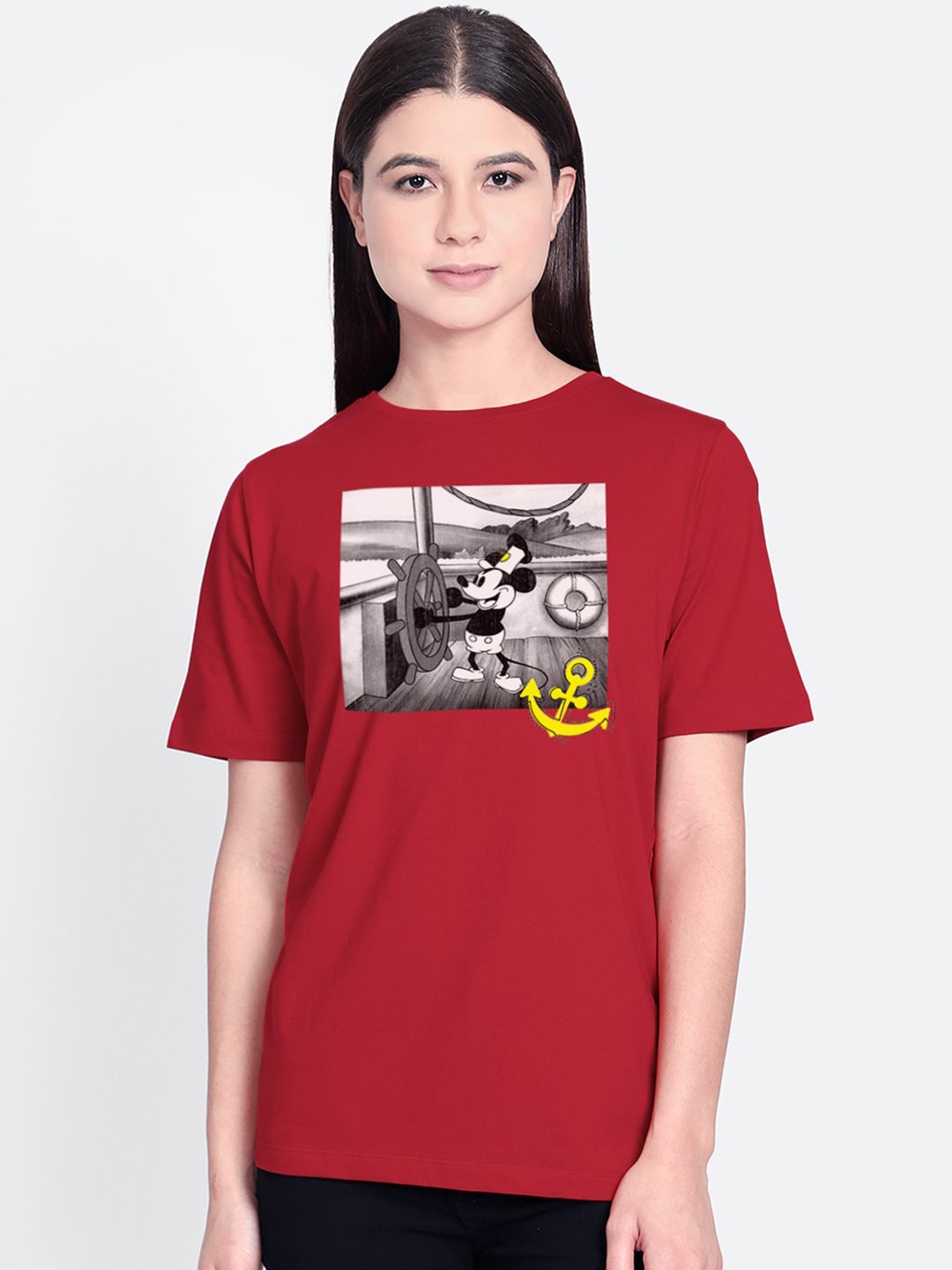 

Free Authority Women Red Mickey Friends Printed Round Neck Pure Cotton T-shirt