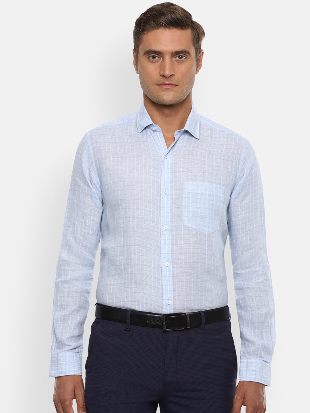 Van Heusen Men Blue Regular Fit Checked Pure Linen Formal Shirt