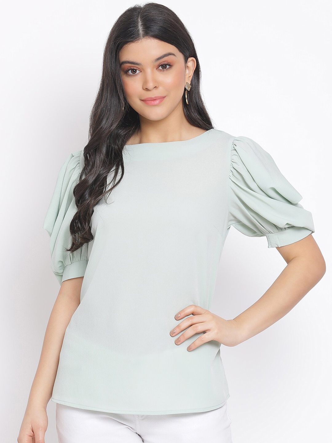 

Oxolloxo Women Green Solid Puff Sleeves Regular Top