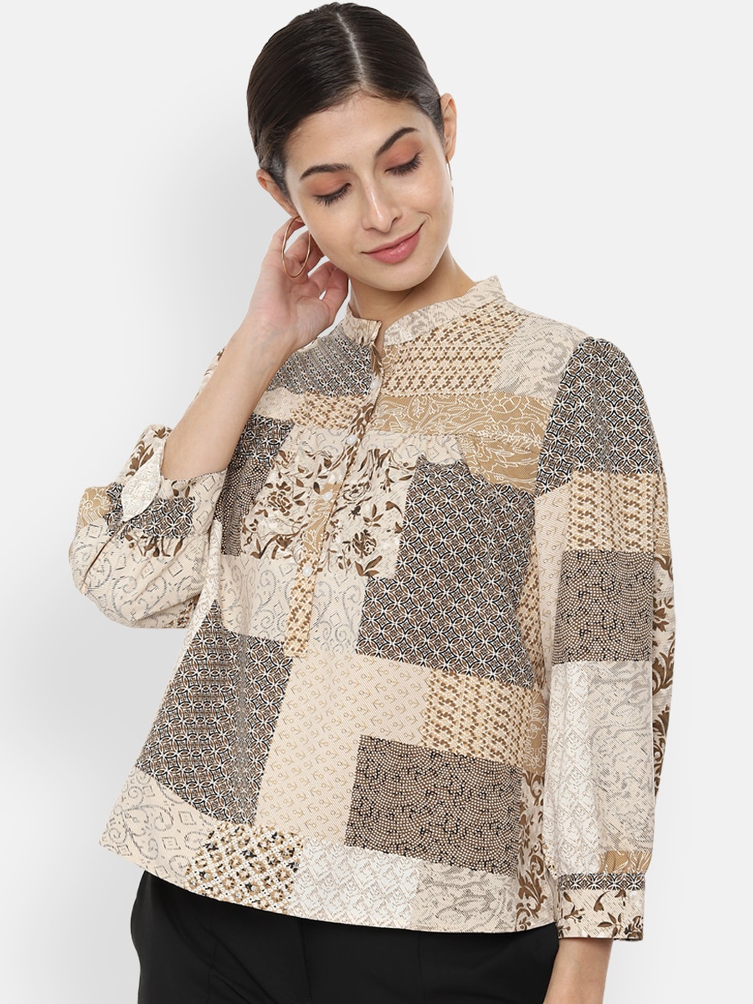 

Van Heusen Woman Beige & Brown Geometric Printed Mandarin Collar A-Line Top
