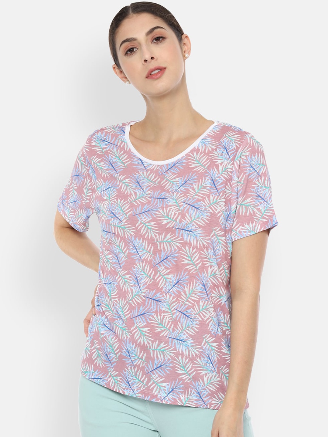 

Van Heusen Woman Pink & Blue Printed Regular Top