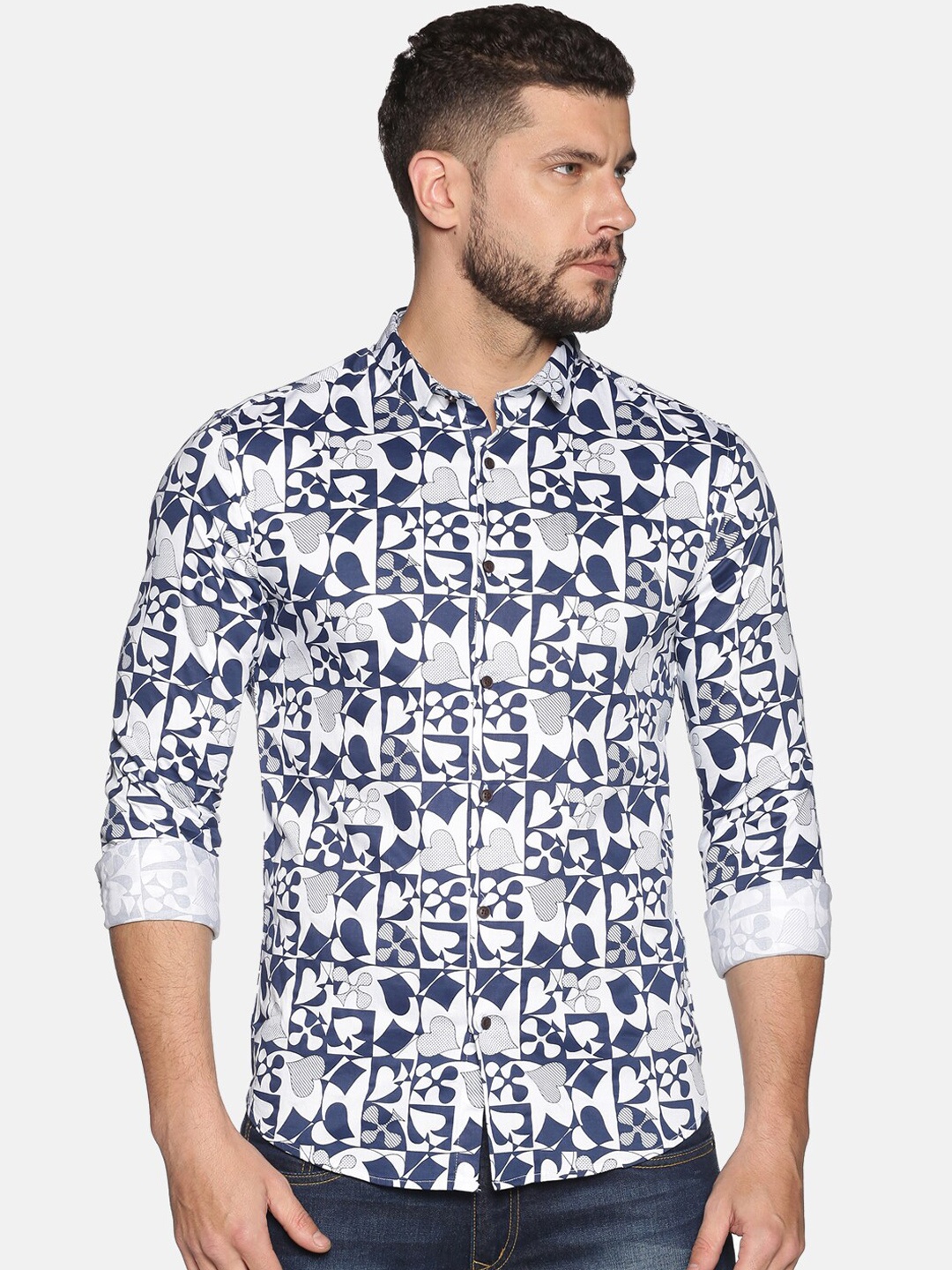 

SHOWOFF Men White & Blue Slim Fit Printed Casual Shirt