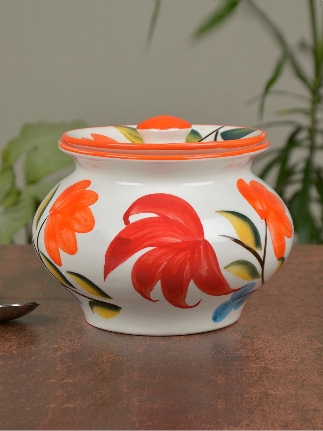 

StyleMyWay White & Orange Hand-Painted Ceramic Handi With Lid