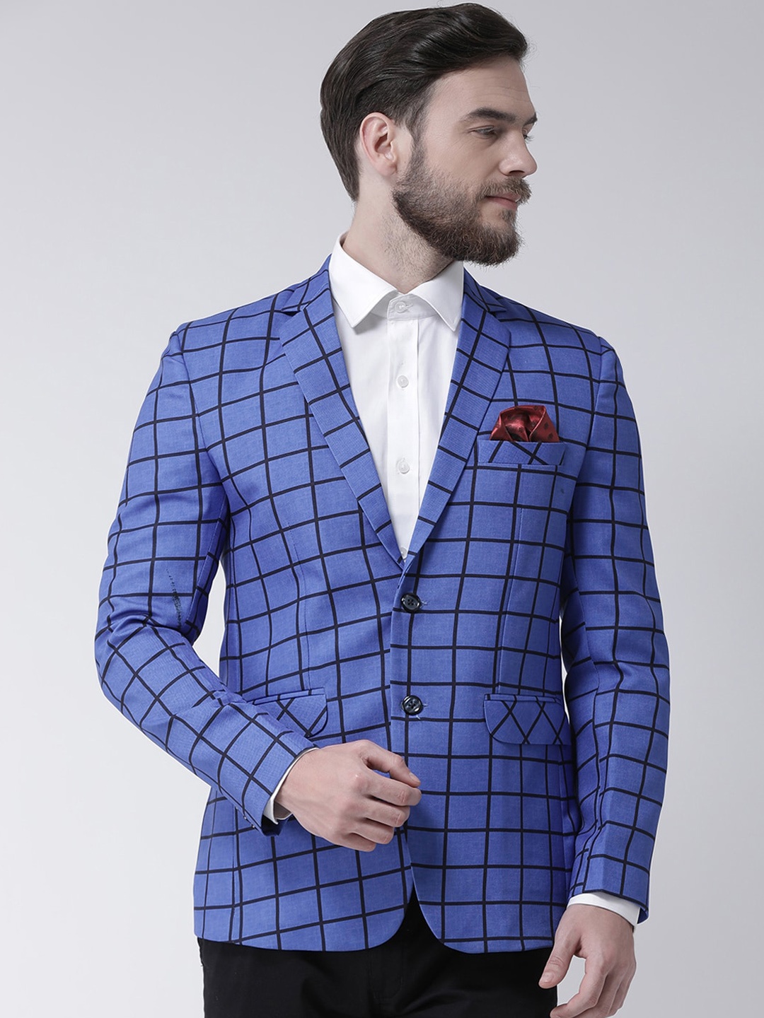 Hangup Men Blue & Black Checked Single-Breasted Formal Blazer