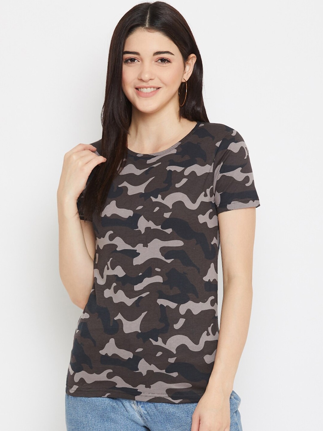 

Rodzen Women Multicoloured Camouflage Printed Round Neck T-shirt, Multi
