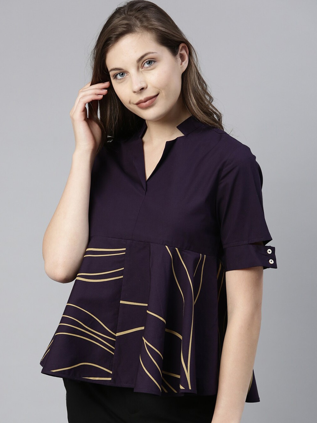 

RAREISM Women Burgundy & Gold-Toned Printed Mandarin Collar A-Line Top