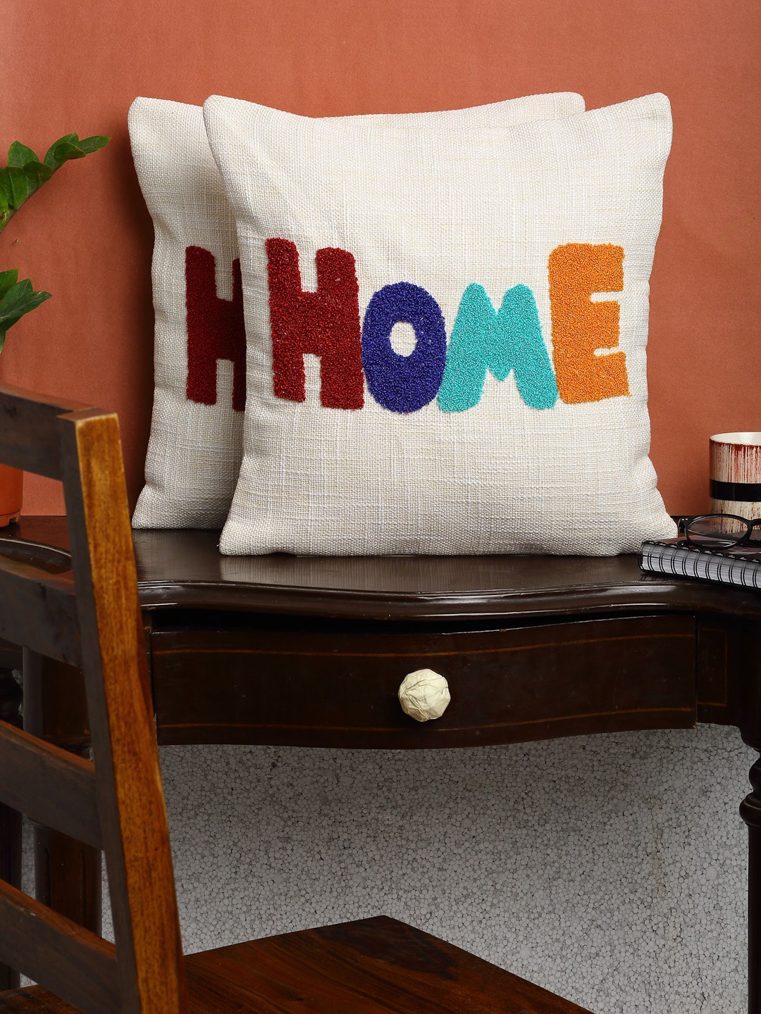 

HOSTA HOMES White & Maroon Set of 2 Embroidered Square Cushion Covers