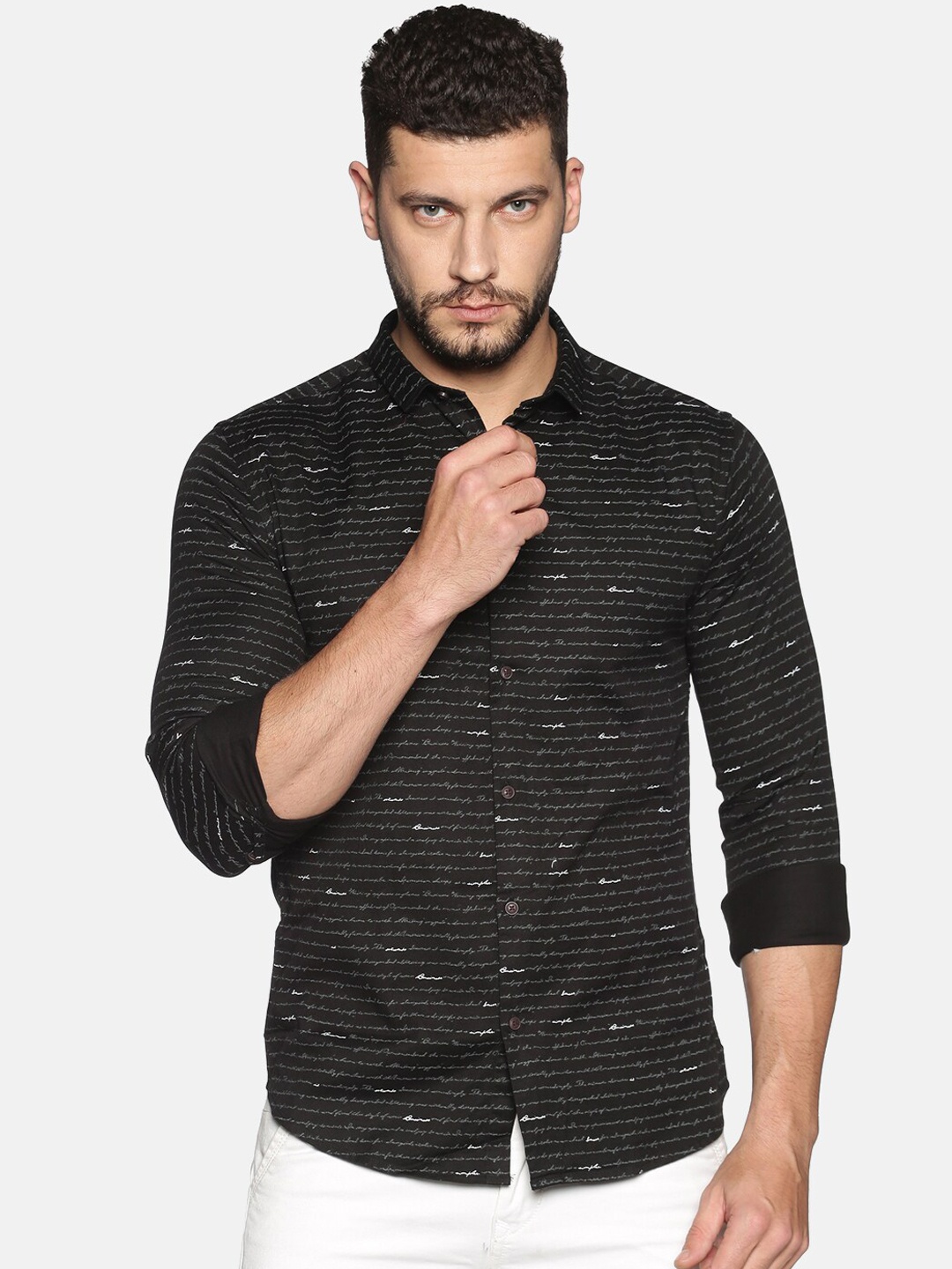 SHOWOFF Men Black Slim Fit Printed Casual Shirt