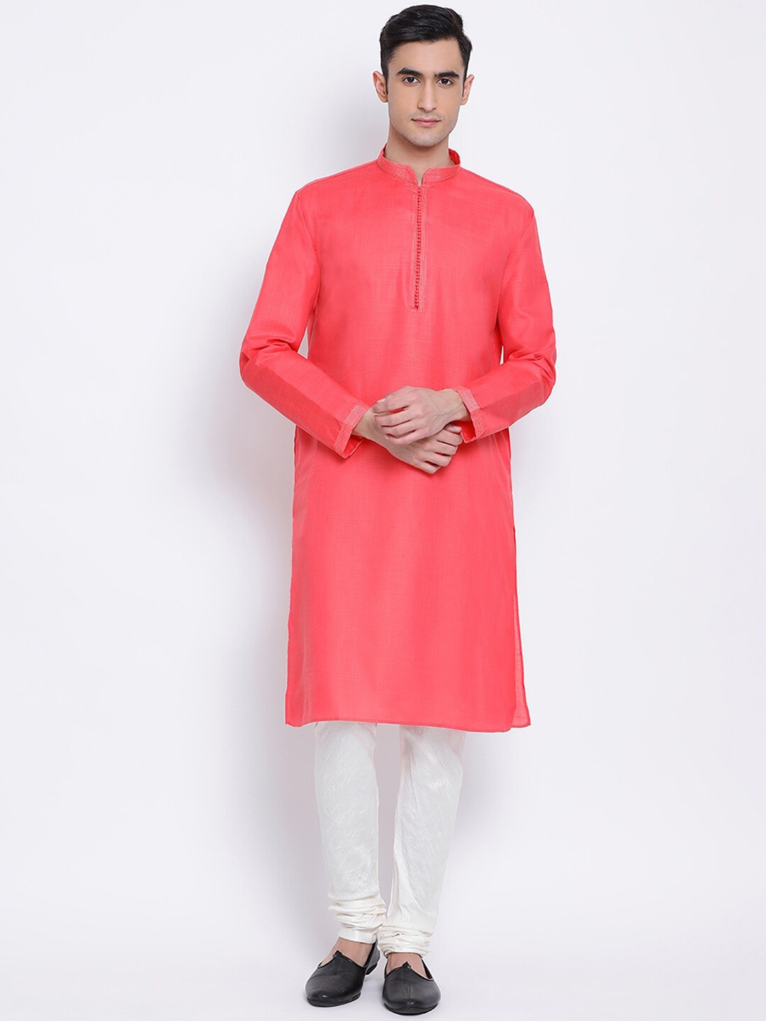Sanwara Men Pink Solid Cotton Straight Kurta