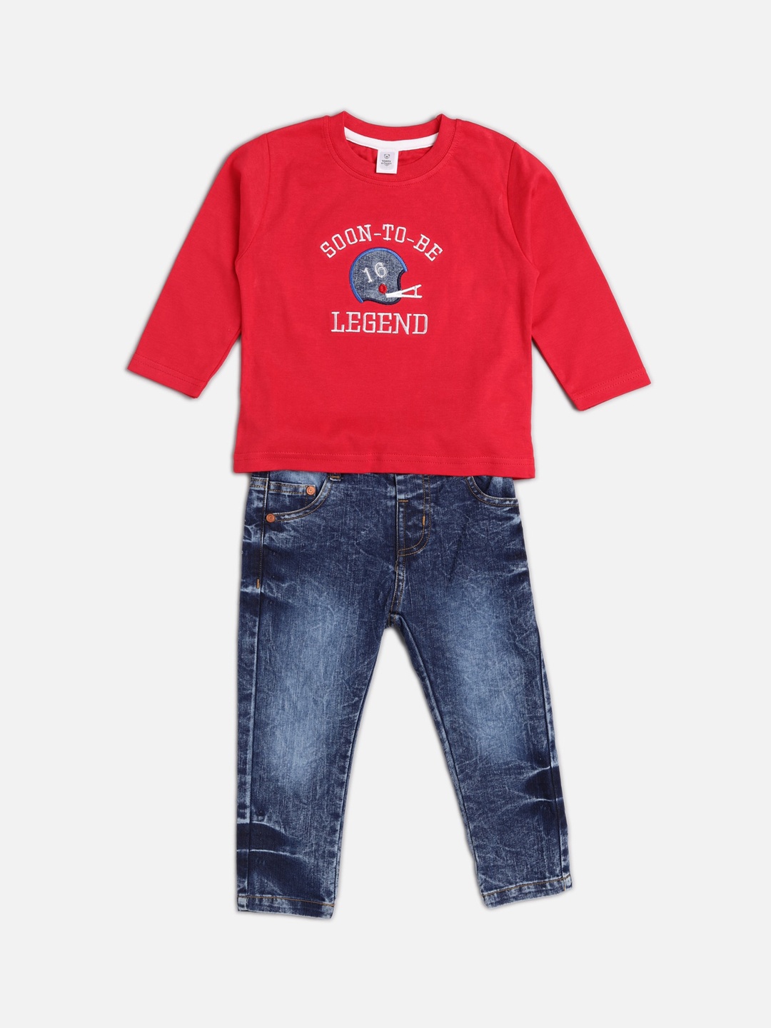 

TOFFY HOUSE Boys Red & Blue Printed Cotton T-shirt with Trousers
