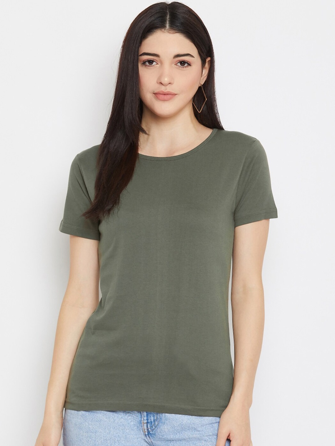 

Rodzen Women Olive Green Solid Round Neck T-shirt
