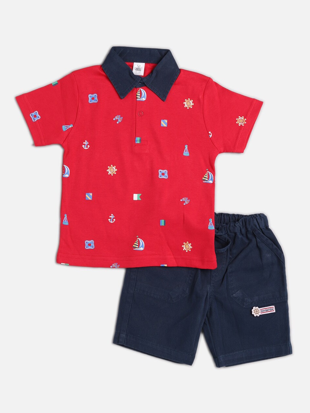 

TOFFY HOUSE Boys Red & Navy Blue Printed T-shirt with Shorts