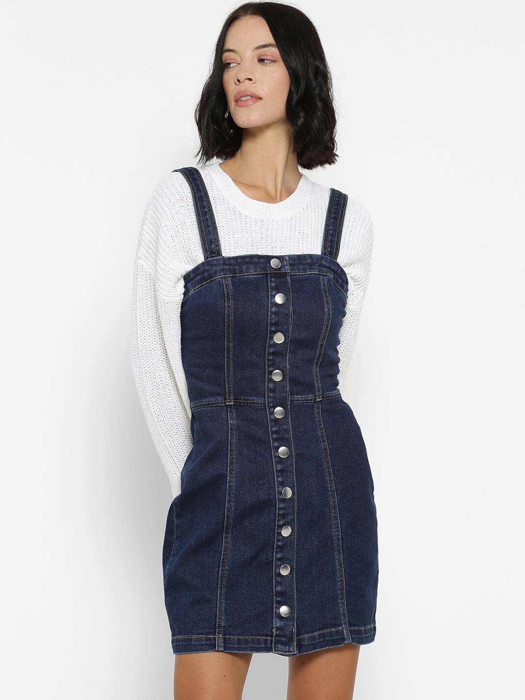

FOREVER 21 Women Blue Solid Denim Pinafore Dress