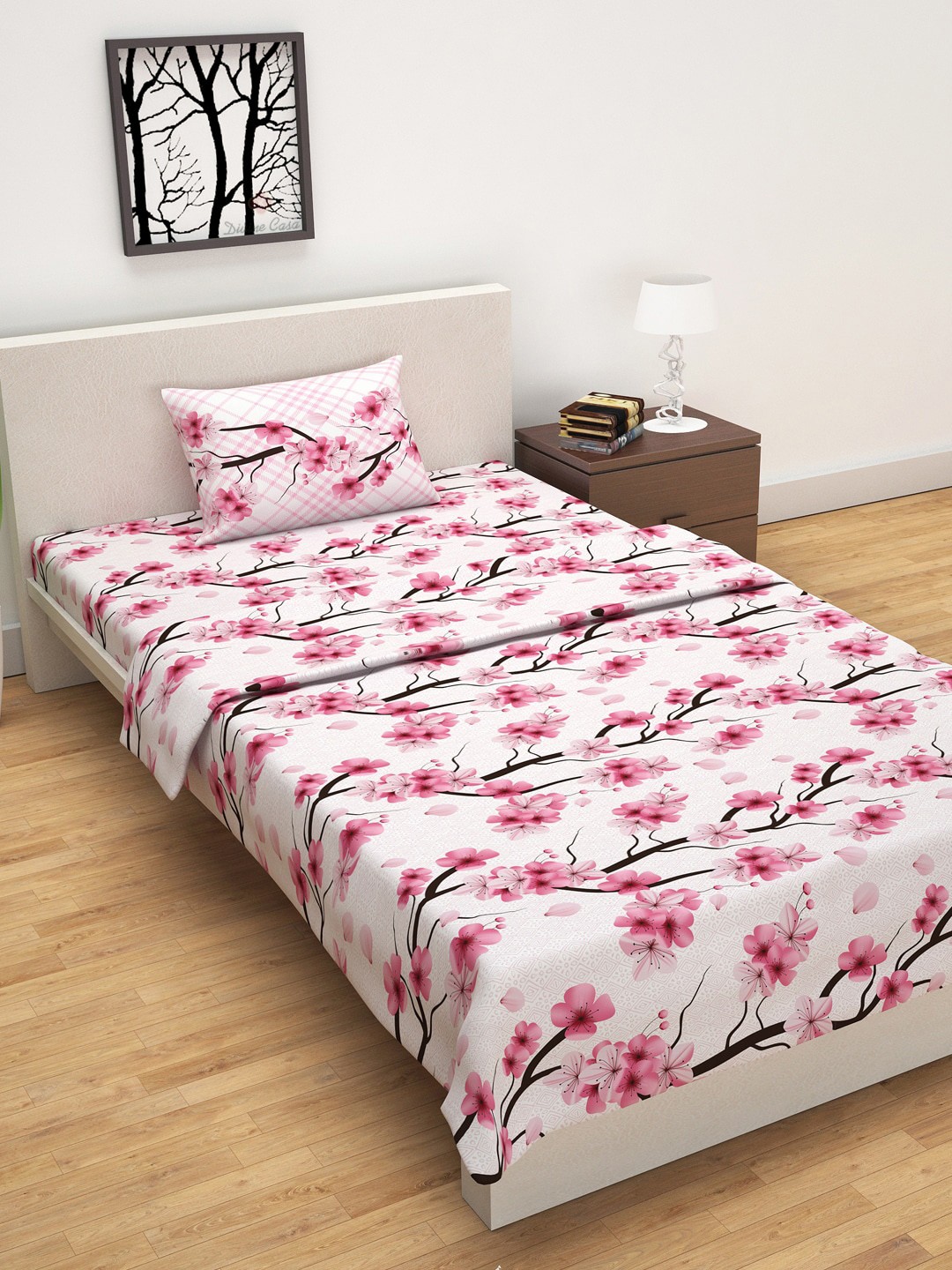 

Divine Casa White & Pink Floral Printed 144 TC Single Bedding Set With Dohar