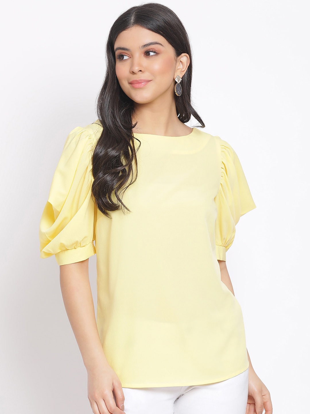 

Oxolloxo Women Yellow Puff Sleeves Regular Top