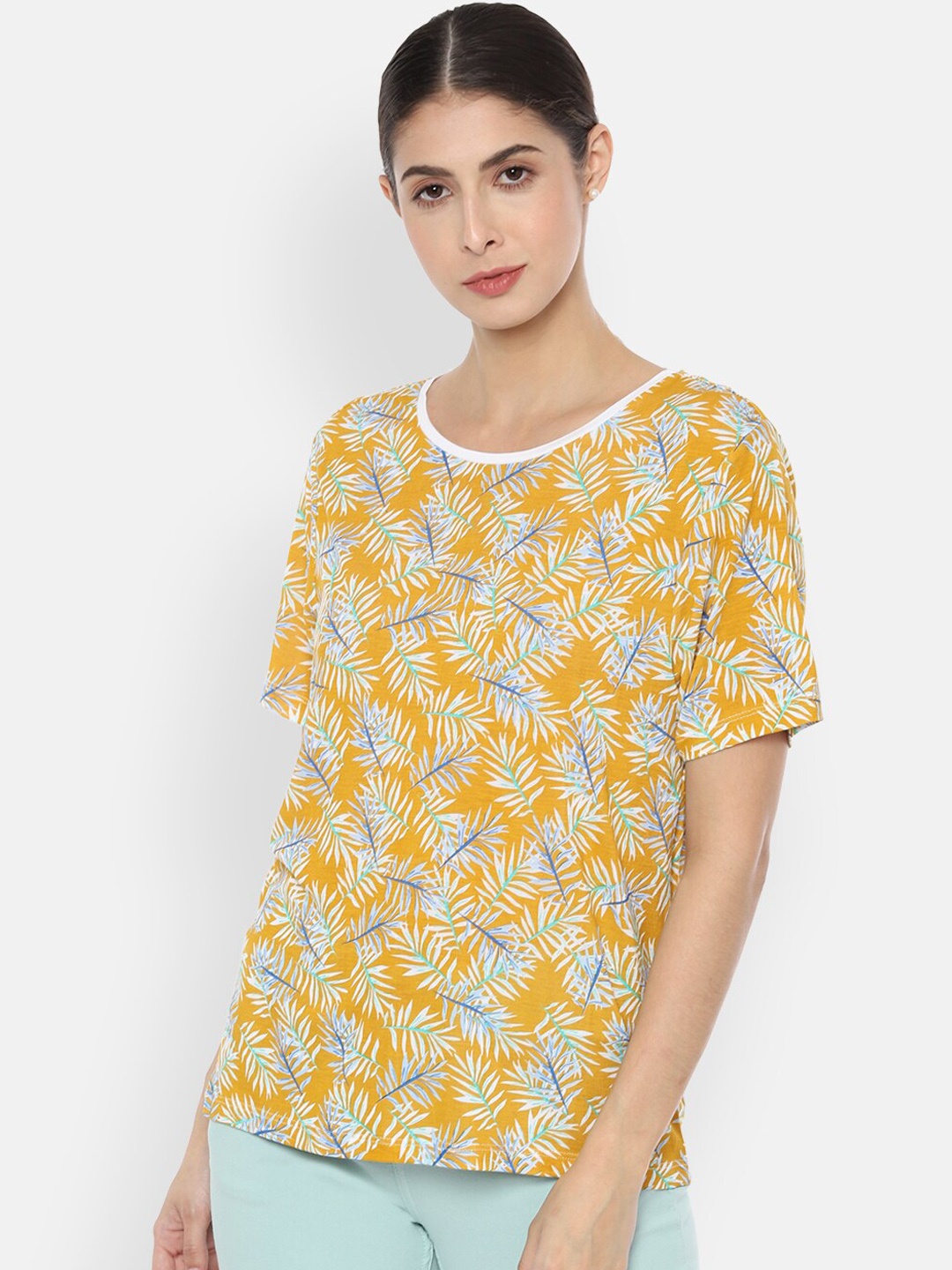 

Van Heusen Woman Yellow & Blue Printed Regular Top