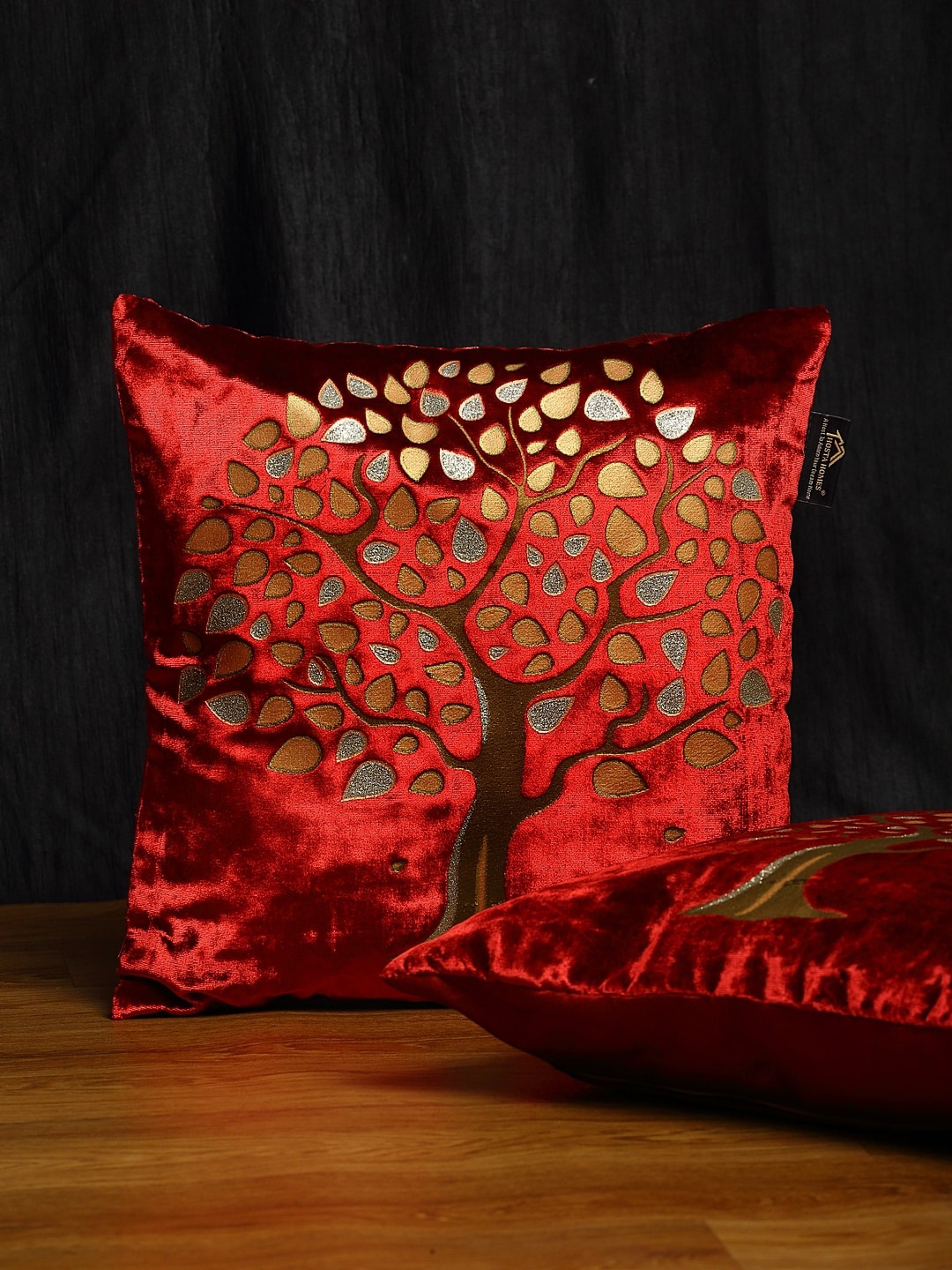 

HOSTA HOMES Maroon & Gold-Toned Set of 2 Embellished Square Cushion Covers