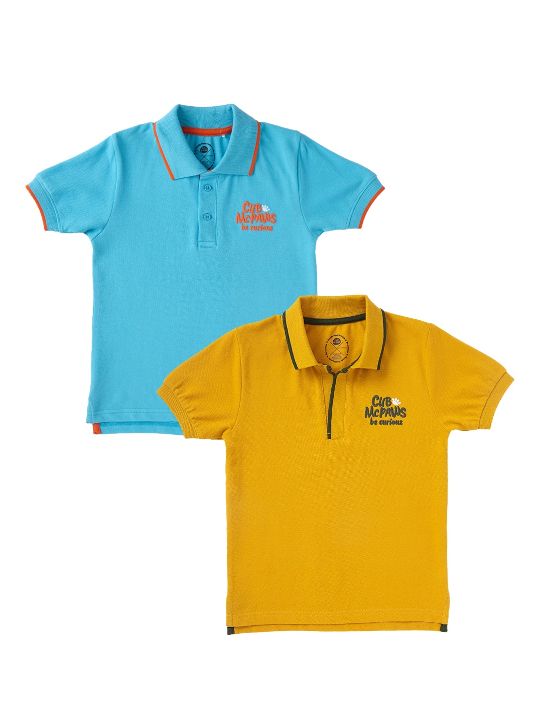

Cub McPaws Boys Blue & Mustard Yellow Set of 2 Solid Polo Collar T-shirt