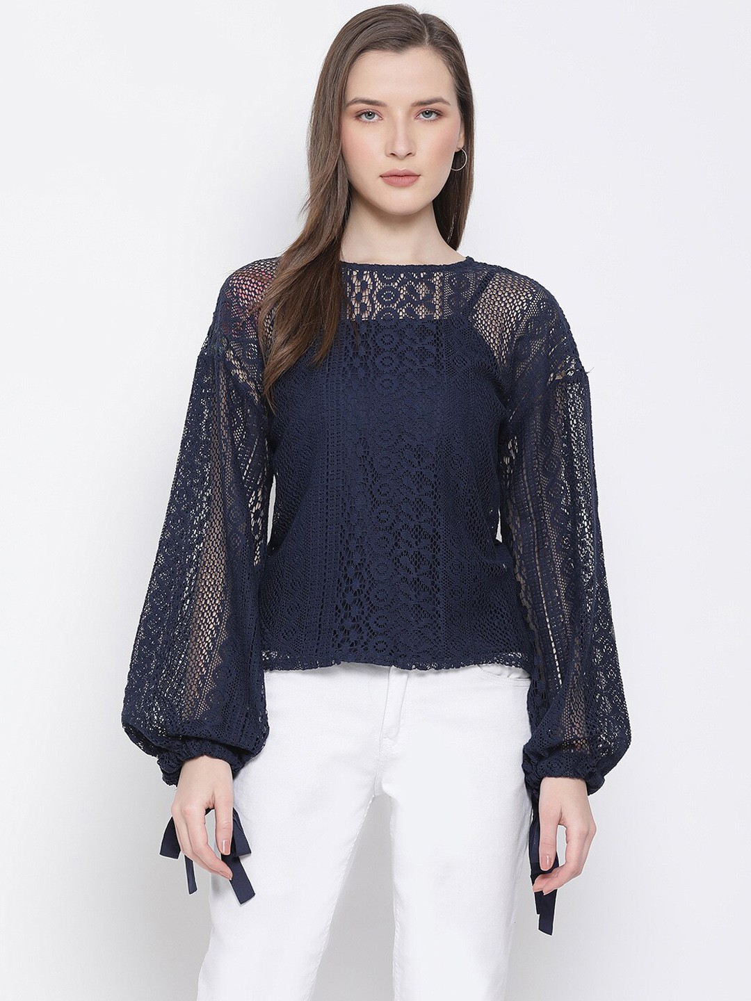 

Oxolloxo Women Navy Blue Self Design Regular Top