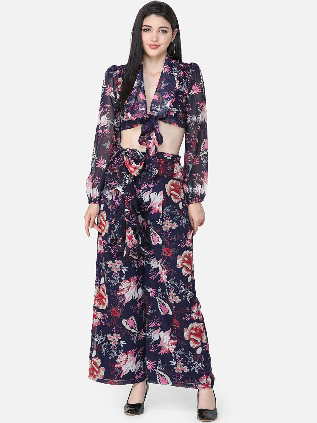 

Cation Women Navy Blue & Pink Printed Top with Trousers