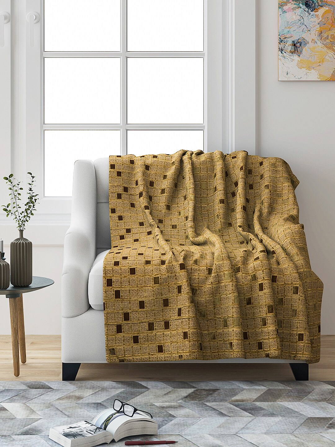 

Saral Home Set of 2 Golden-Coloured Self Desgin Chenille Sofa Throws, Gold