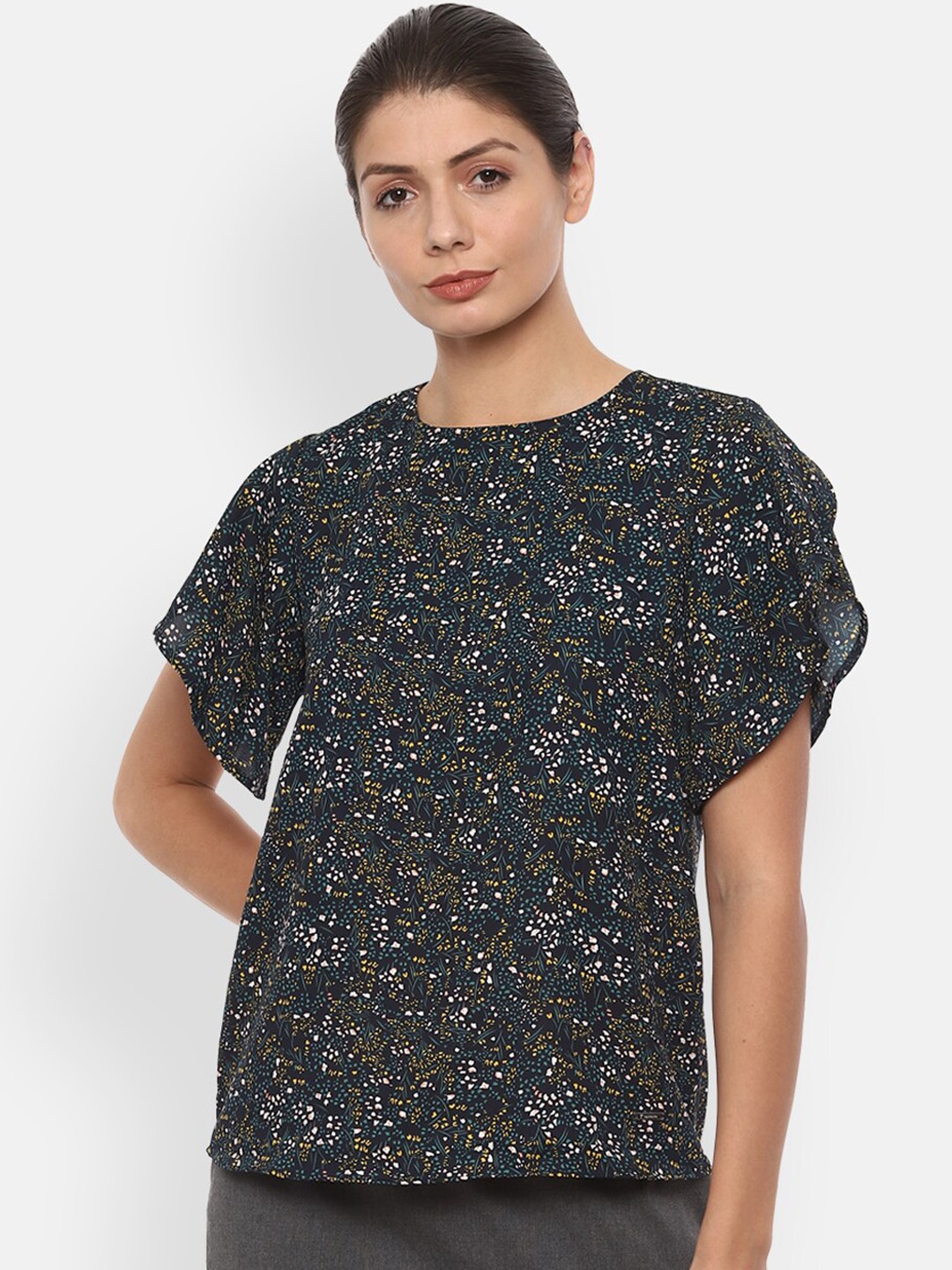 

Van Heusen Woman Navy Blue & Green Floral Printed Regular Top