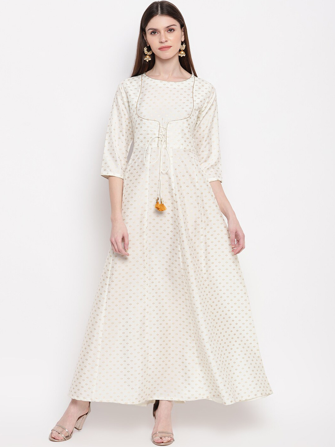 

Janasya Women Off White & Gold-Toned Geometric Printed Anarkali Kurta