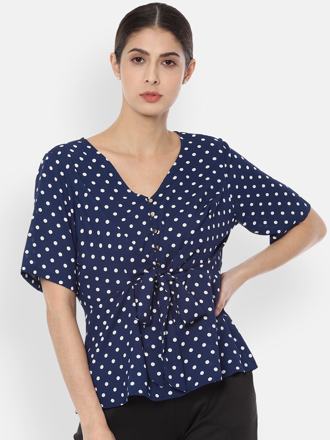 

Van Heusen Woman Navy Blue & Off White Printed Cinched Waist Top