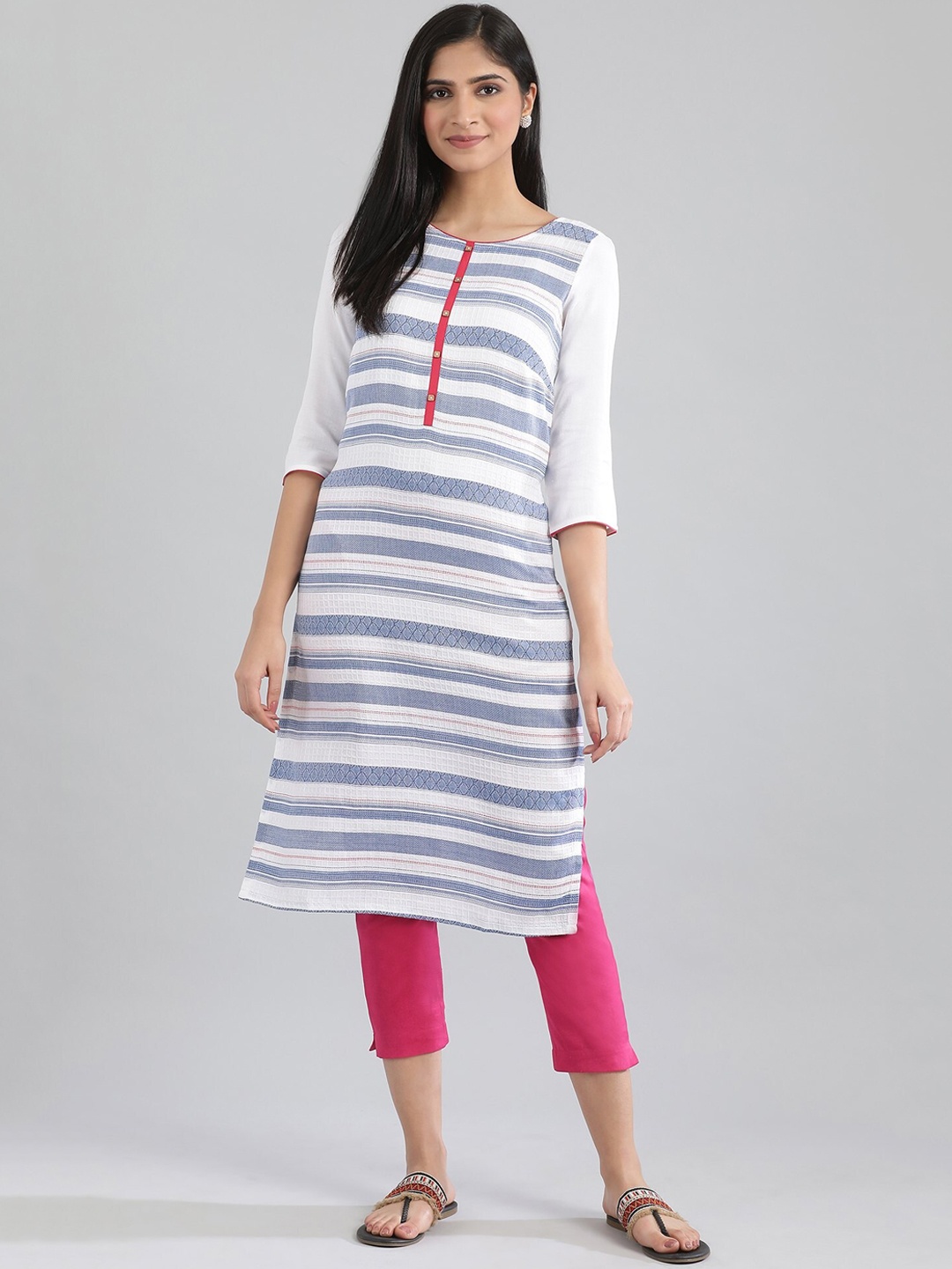 

AURELIA Women White & Blue Striped Kurta