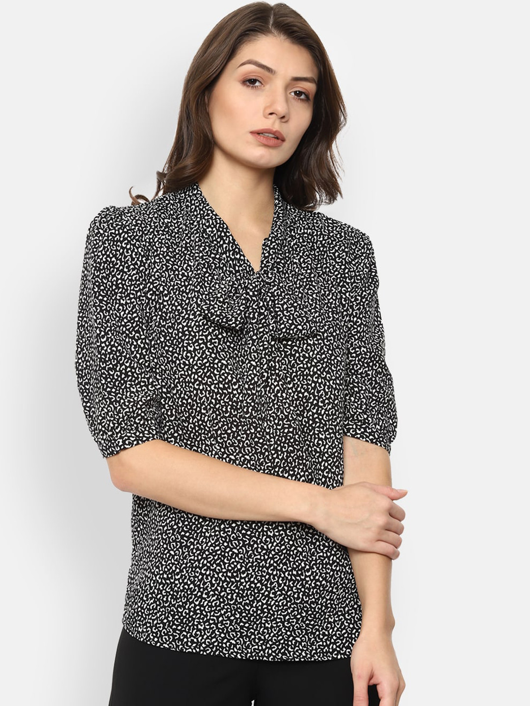 

Van Heusen Woman Black & White Printed Tie-up Neck Regular Top