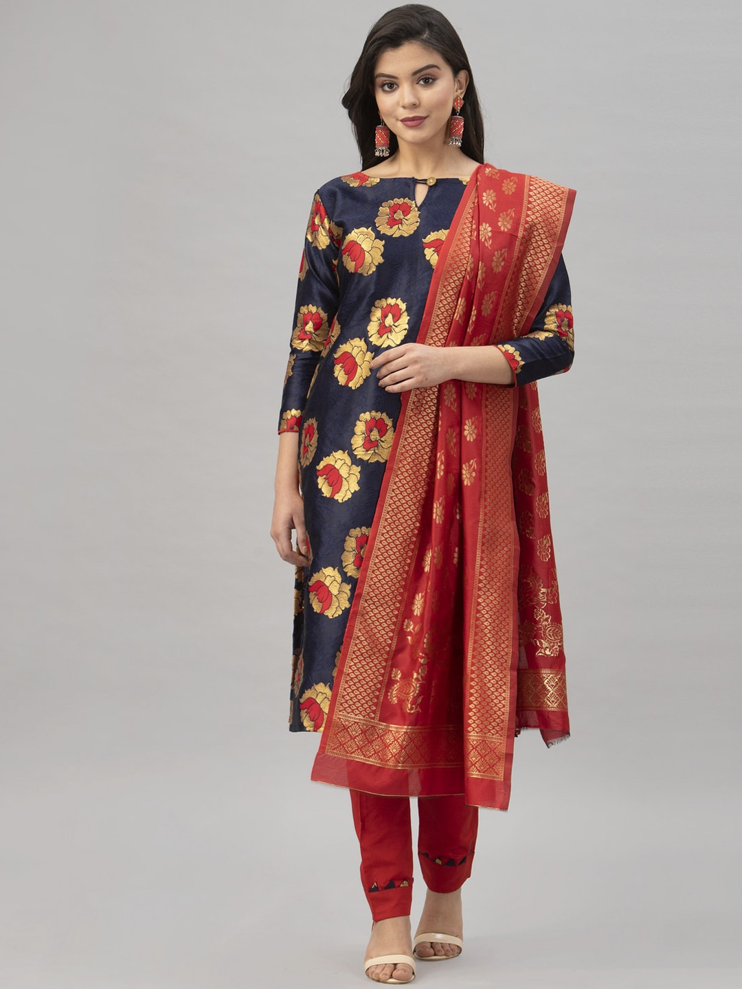 

Satrani Navy Blue & Red Poly Silk Unstitched Dress Material