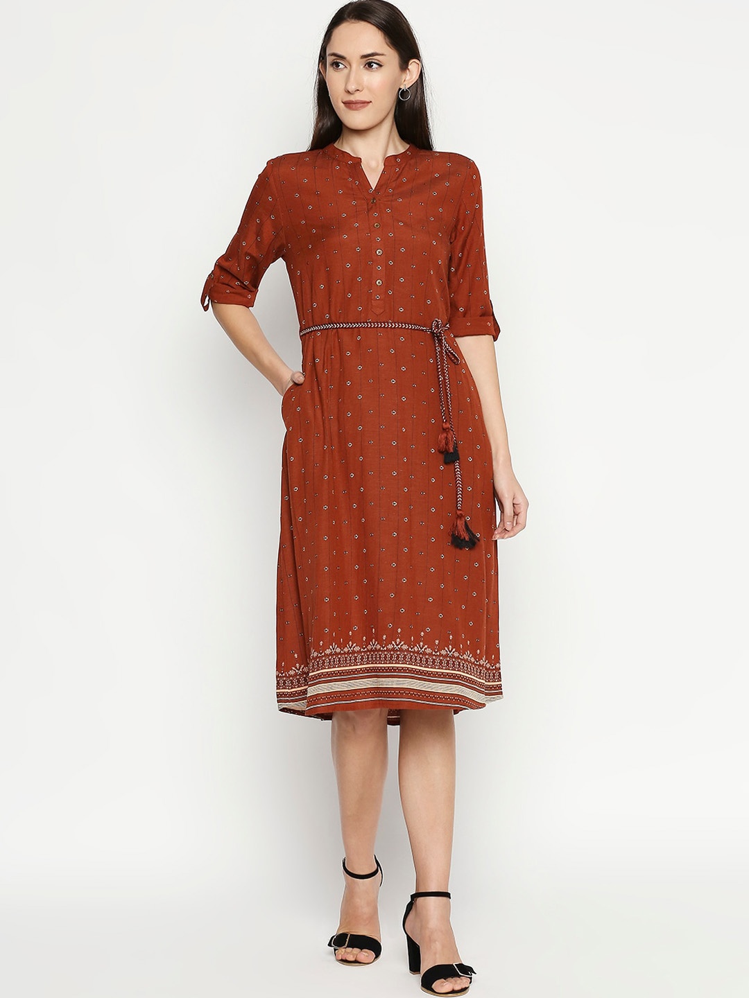 

People Women Rust Printed A-Line Dress