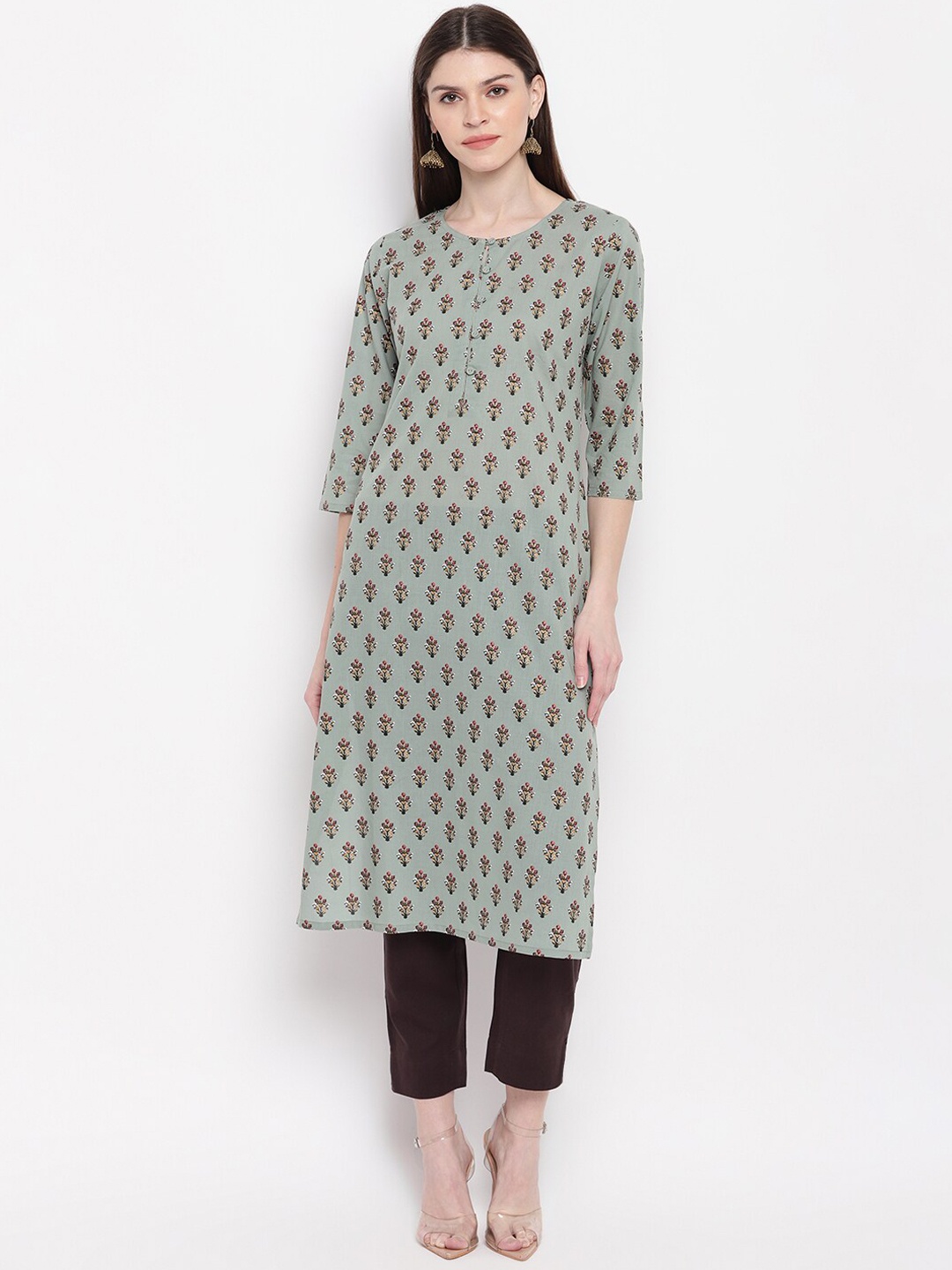 

Janasya Women Green & Beige Floral Printed Keyhole Neck Kurta