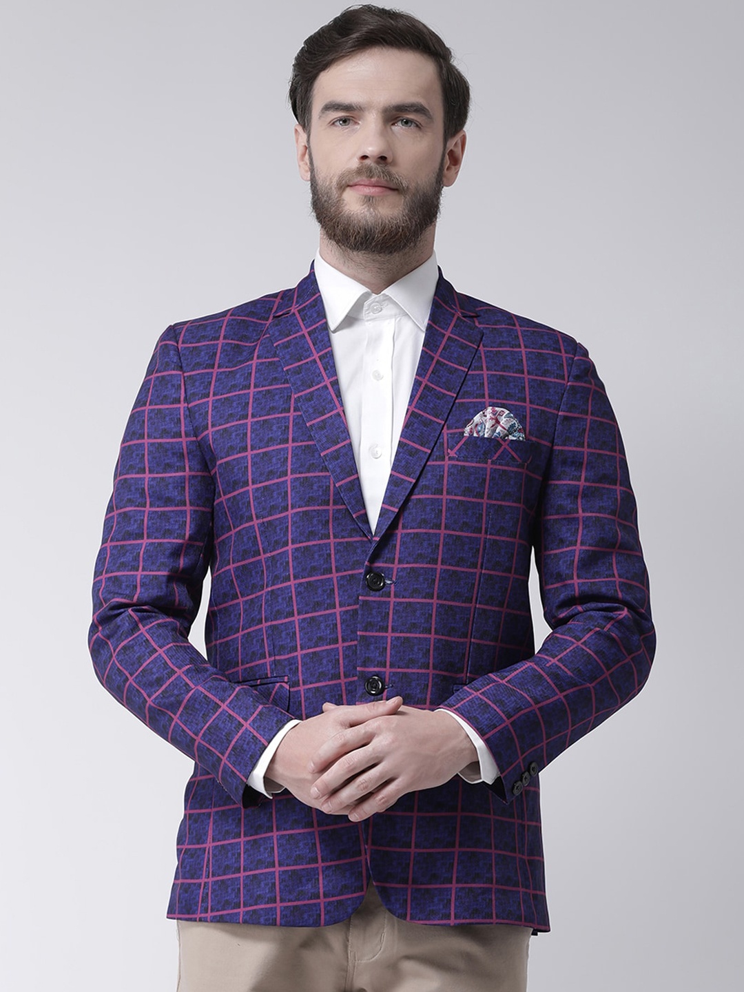 

Hangup Men Navy Blue & Pink Checked Single-Breasted Casual Blazer
