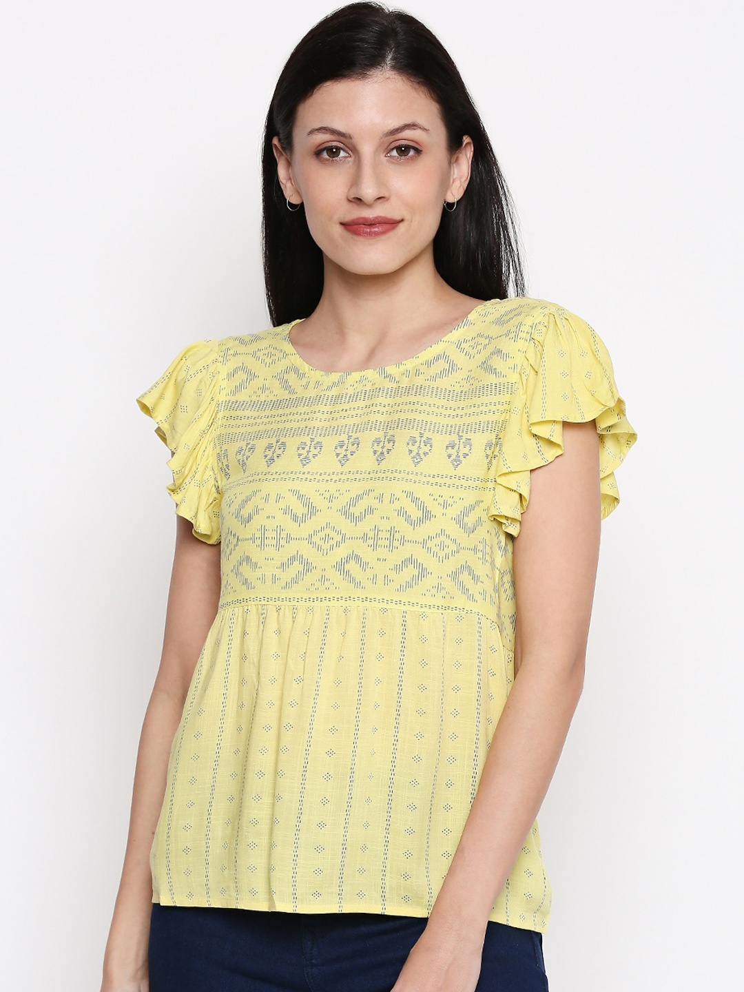 

People Yellow & Navy Blue Geometric Printed Flutter Sleeves Empire Top