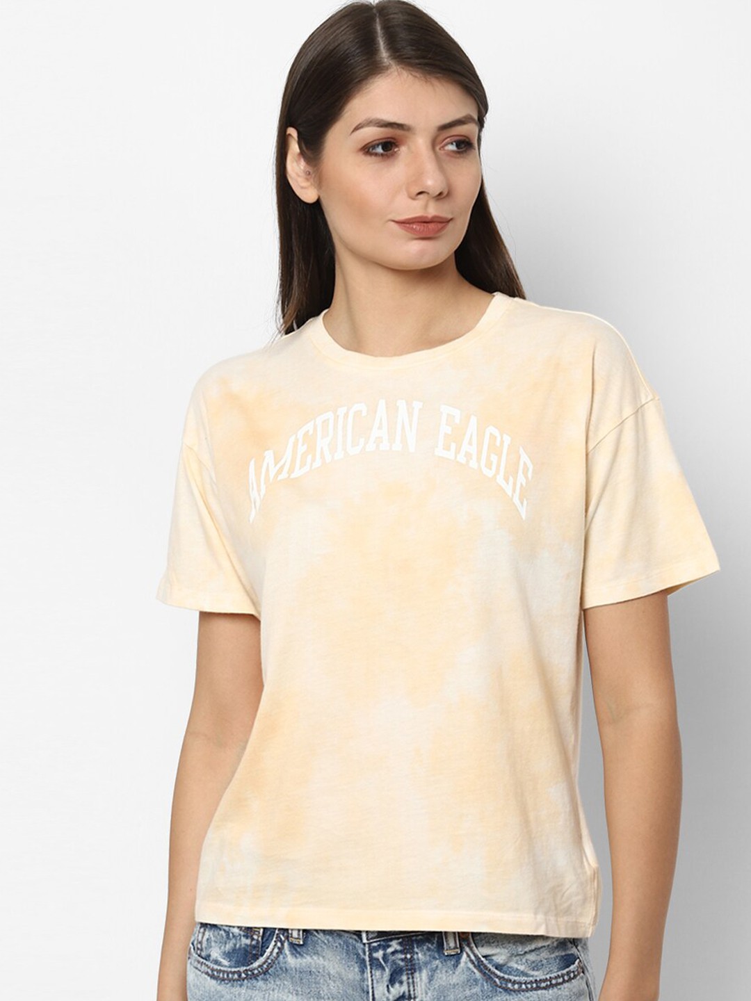 

AMERICAN EAGLE OUTFITTERS Women Orange Printed Round Neck Cotton Pure Cotton T-shirt
