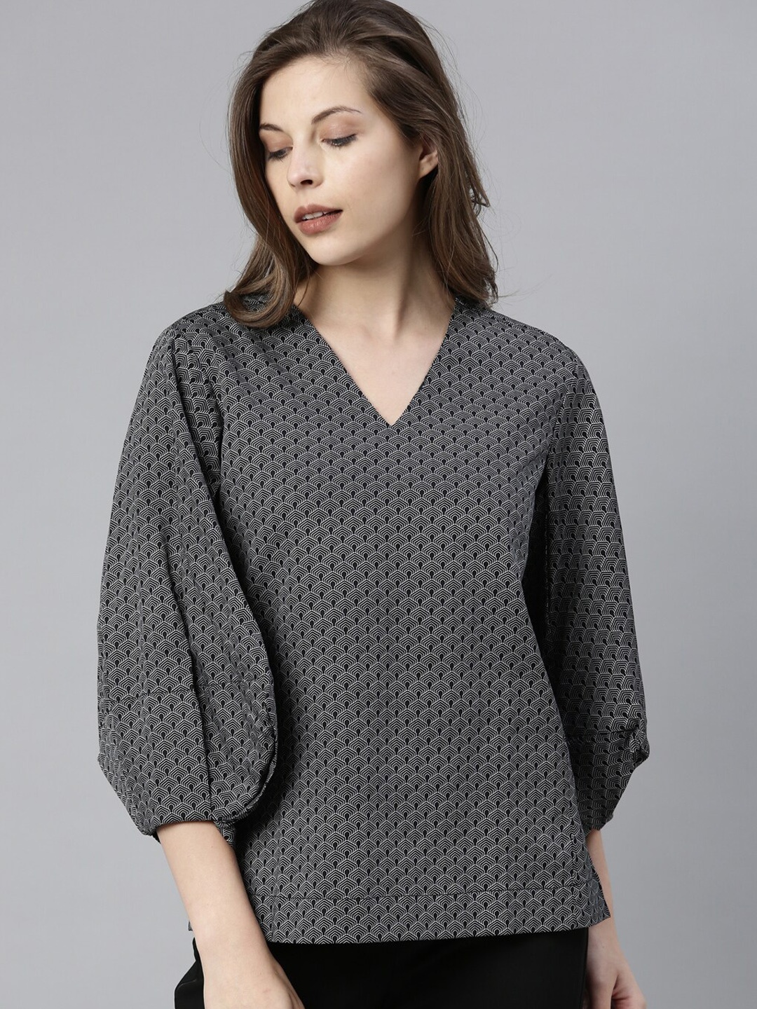 

RAREISM Women Black & Off White Geometric Printed Puff Sleeves Pure Cotton A-Line Top