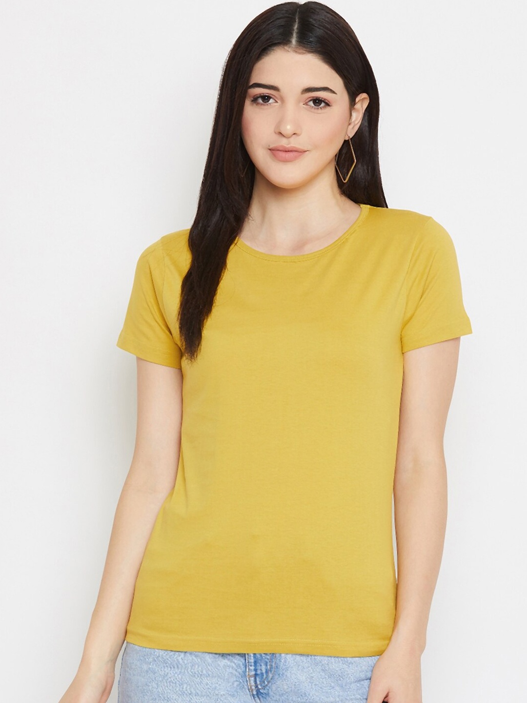 Rodzen Women Yellow Solid Round Neck T-shirt