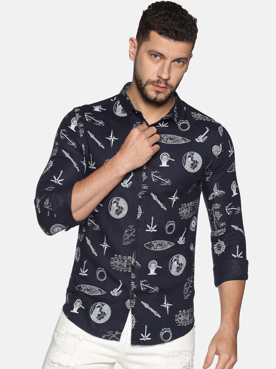 

SHOWOFF Men Navy Blue Slim Fit Printed Casual Shirt